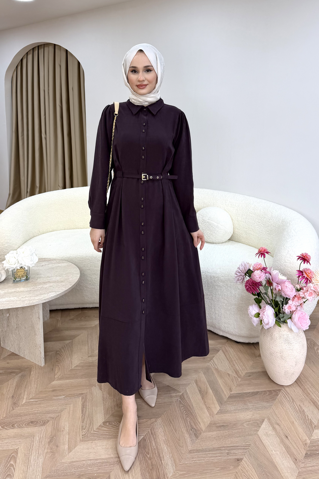 Düğmeli Modal Elbise Bordo