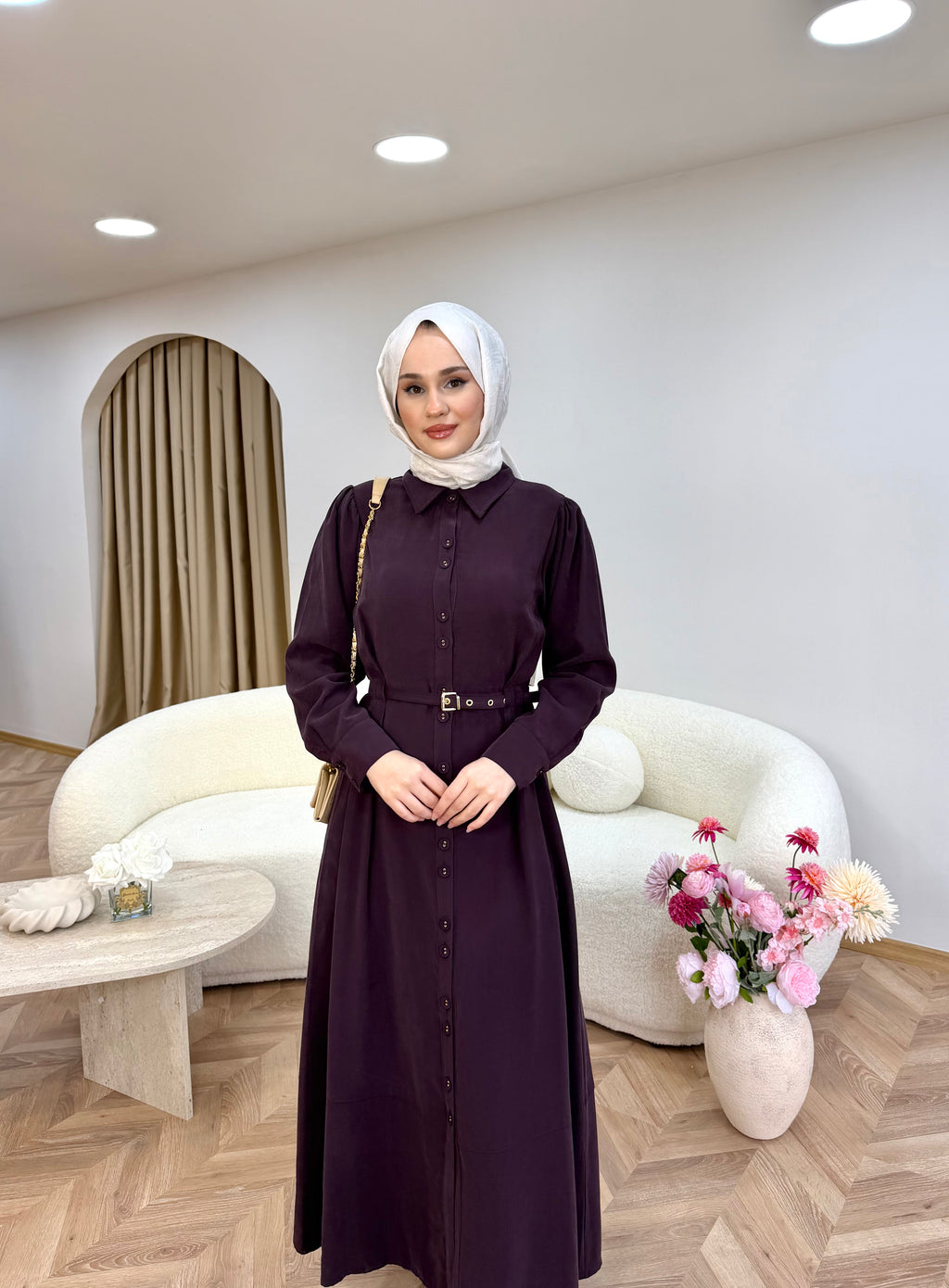 Düğmeli Modal Elbise Bordo