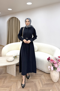 Düğmeli Modal Elbise Lacivert