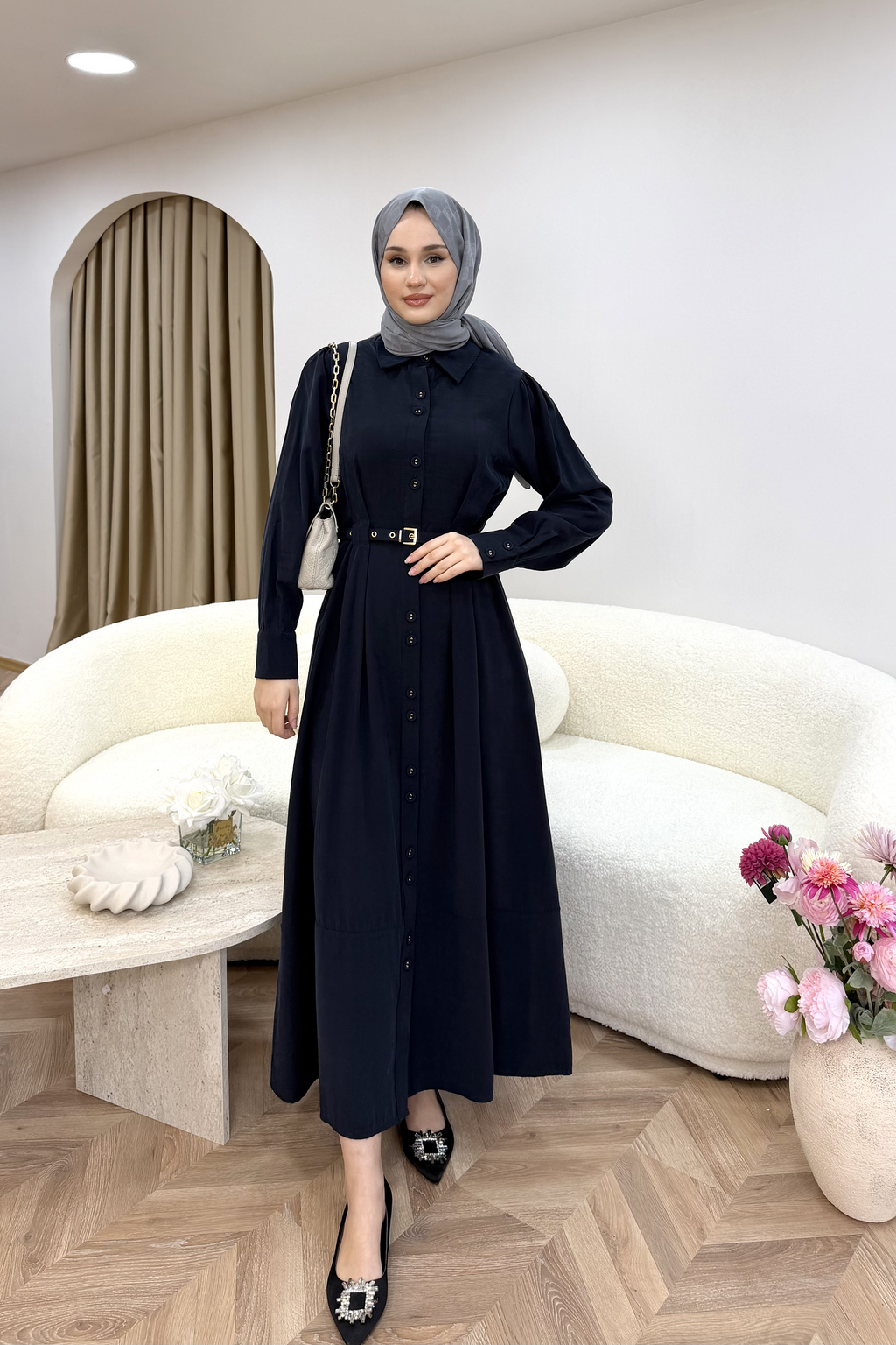 Düğmeli Modal Elbise Lacivert