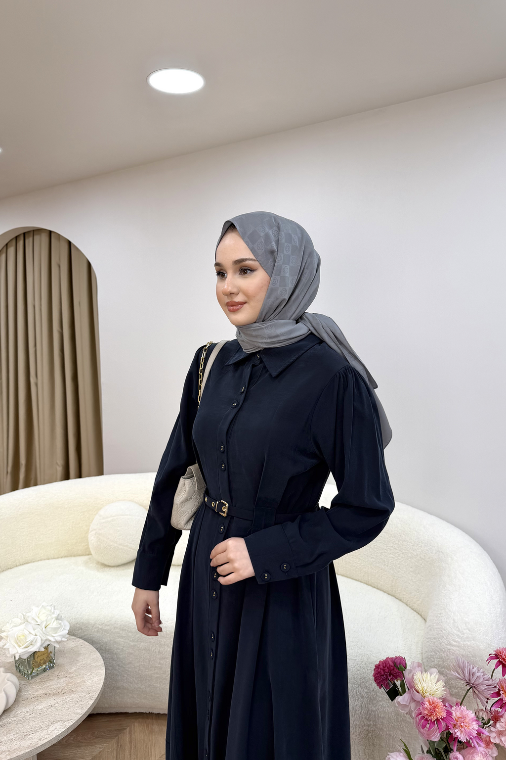 Düğmeli Modal Elbise Lacivert