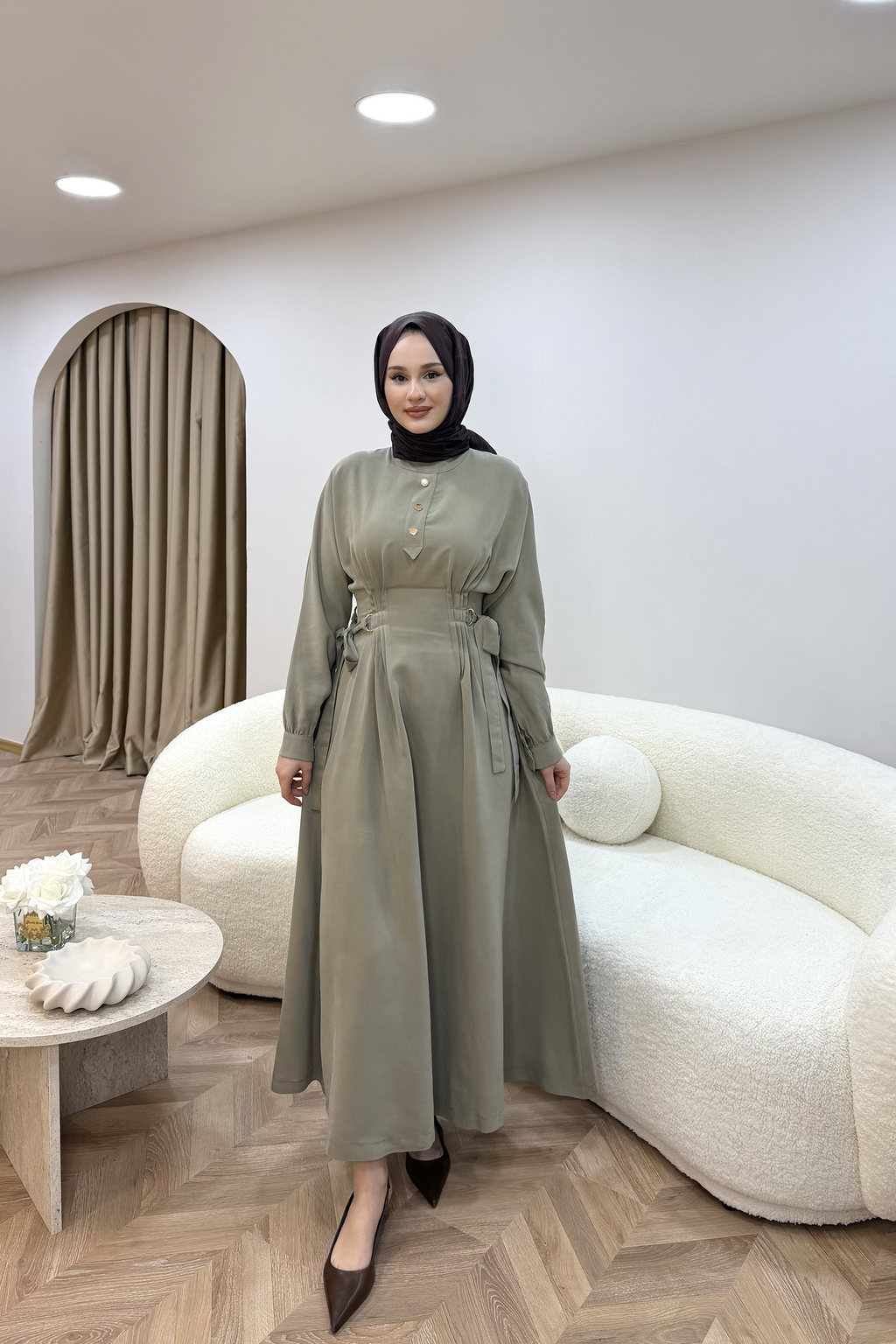 Nervür Detaylı Elbise Çağla