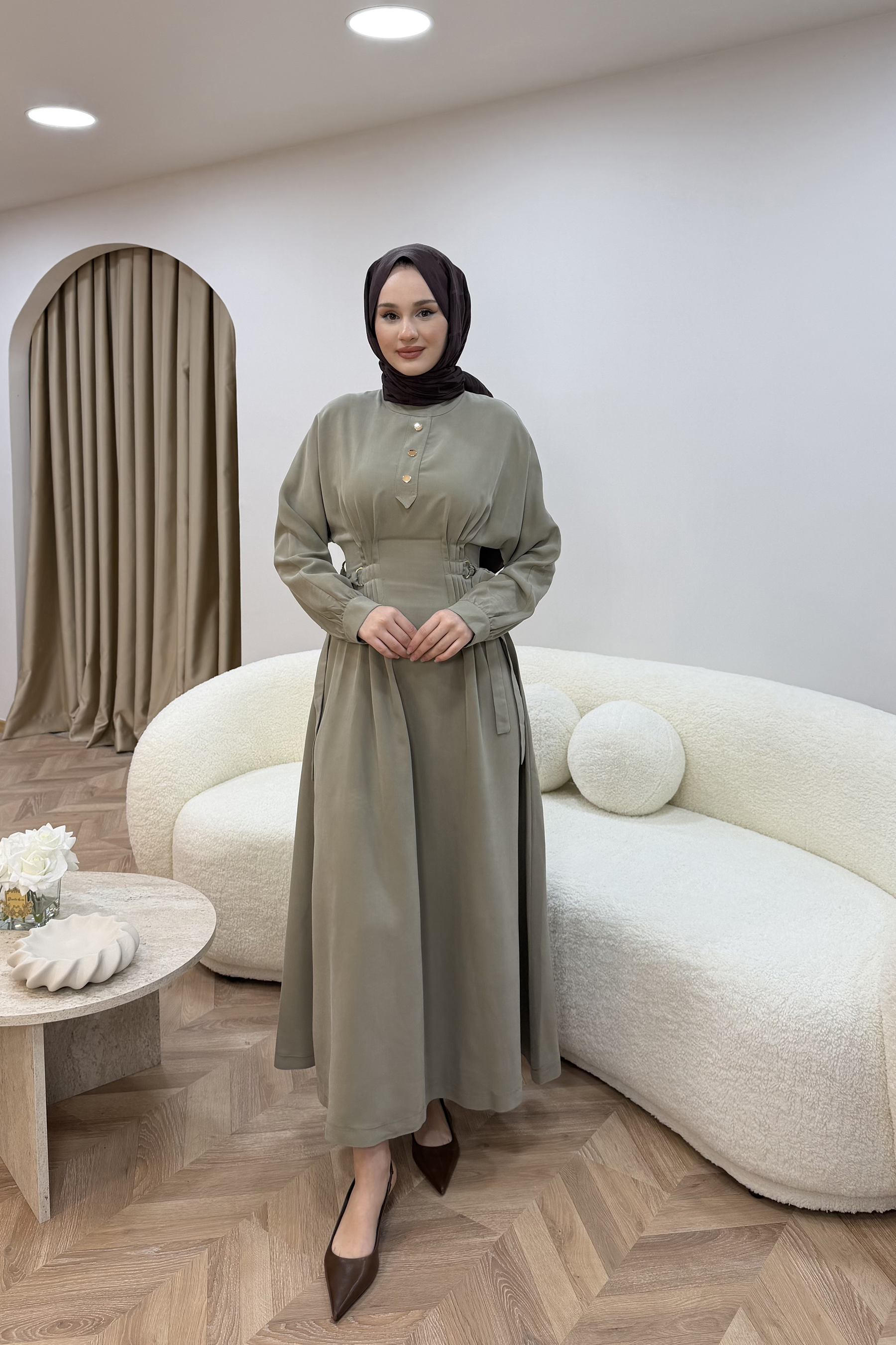 Nervür Detaylı Elbise Çağla