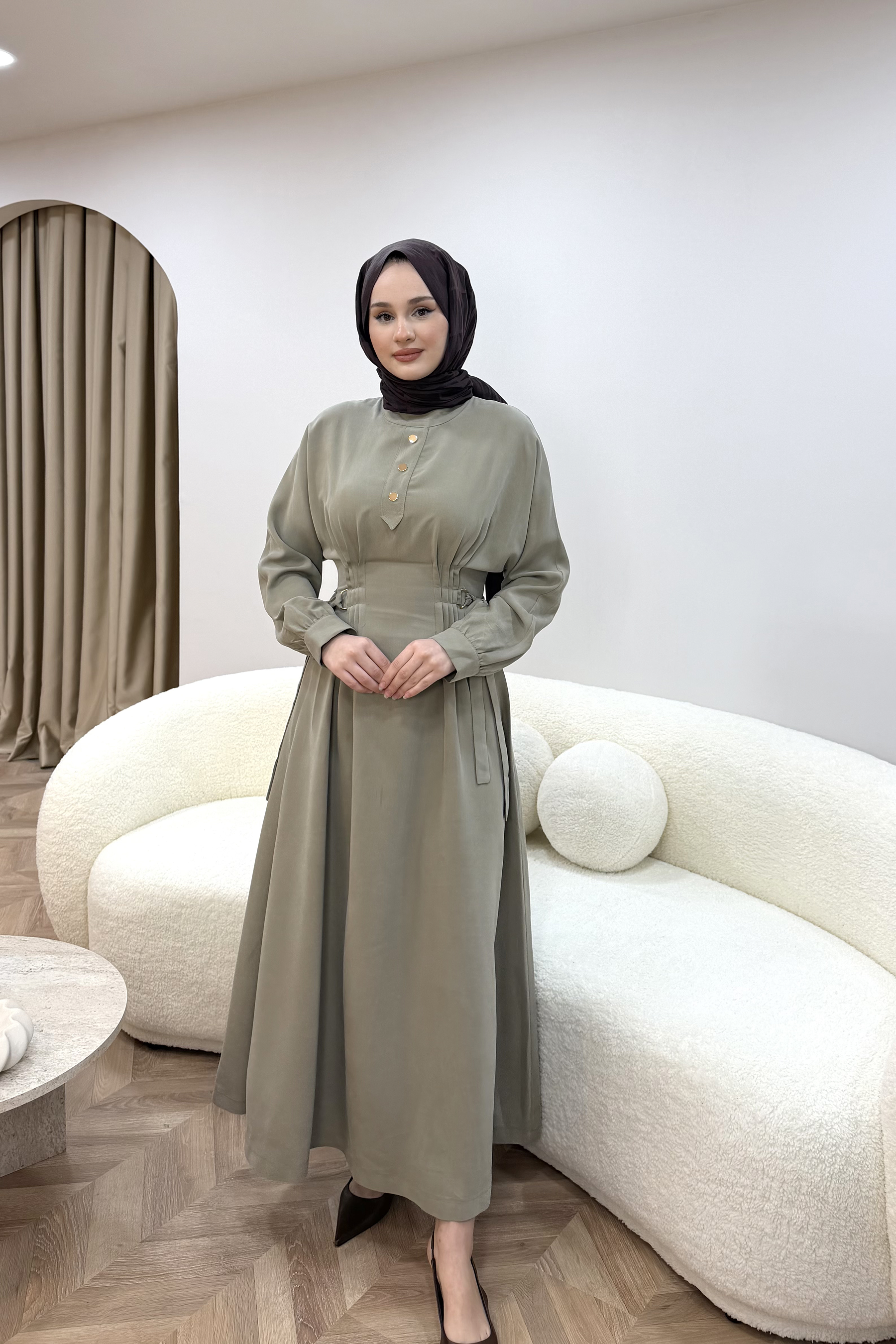 Nervür Detaylı Elbise Çağla