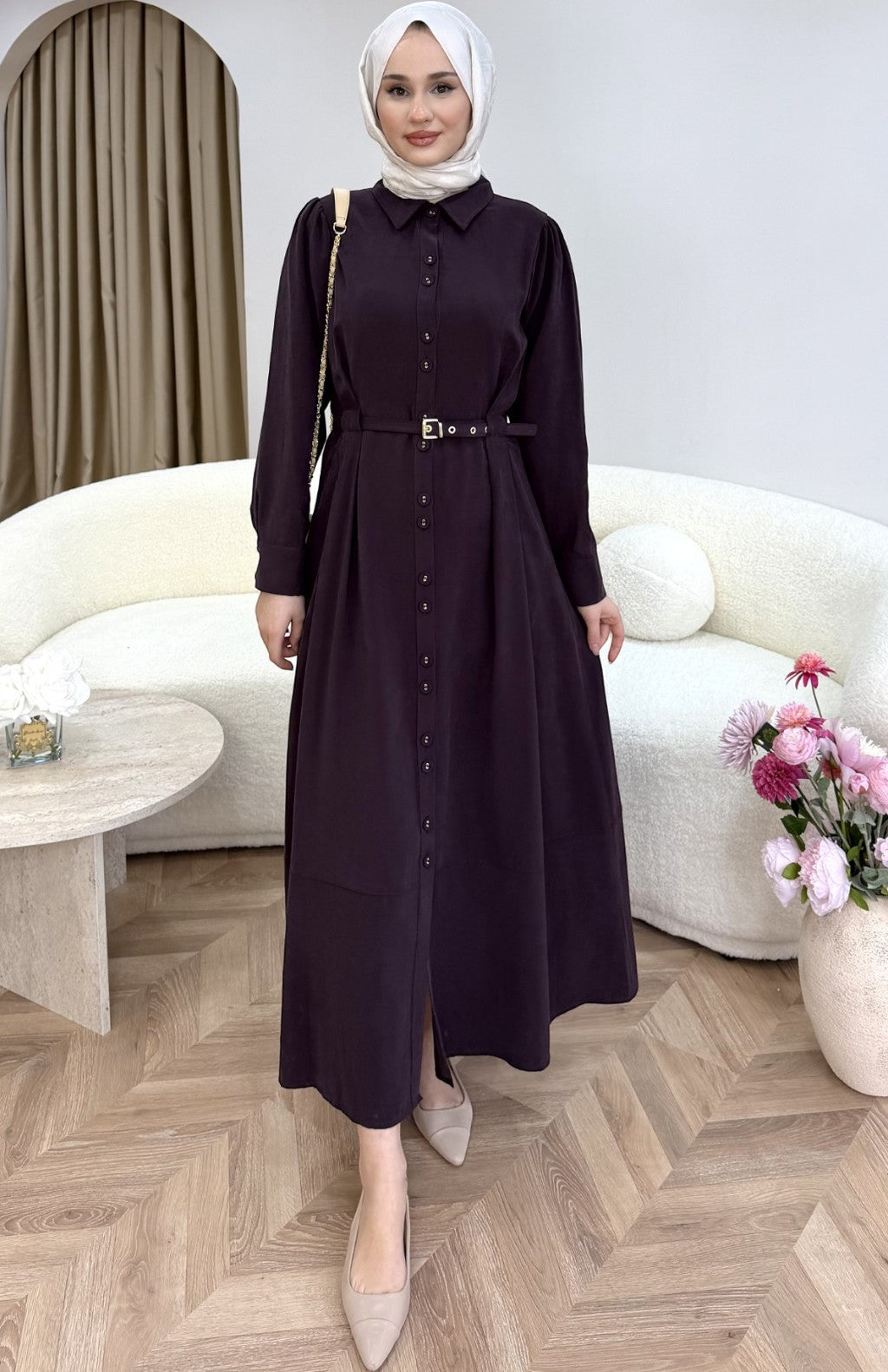 Düğmeli Modal Elbise Bordo