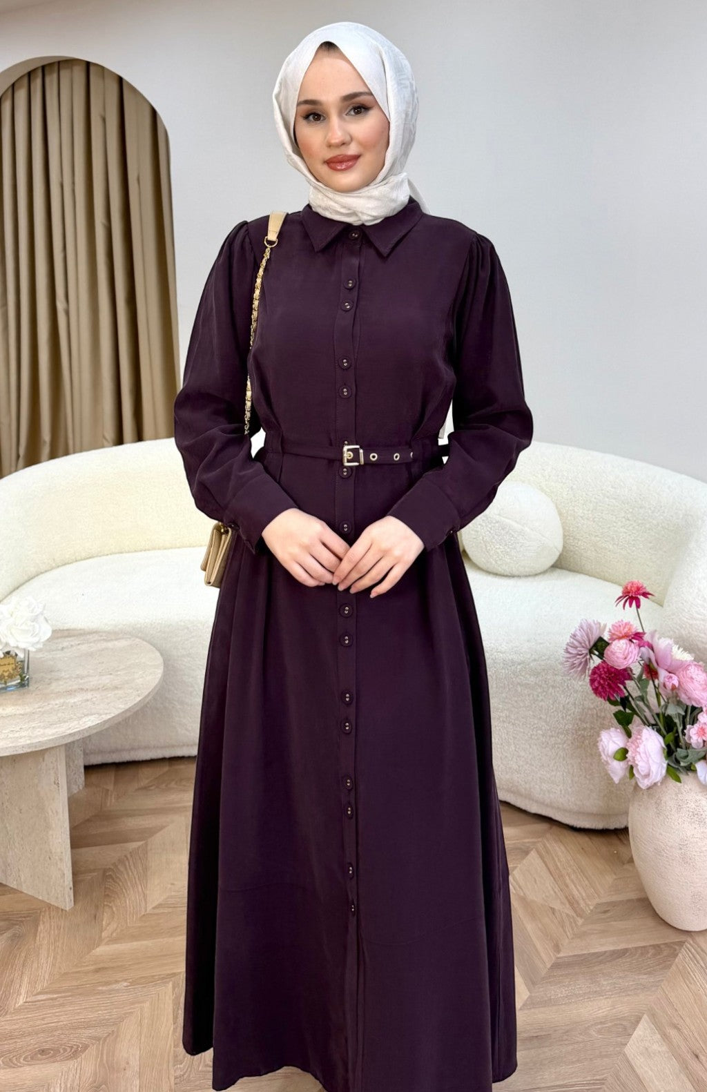Düğmeli Modal Elbise Bordo