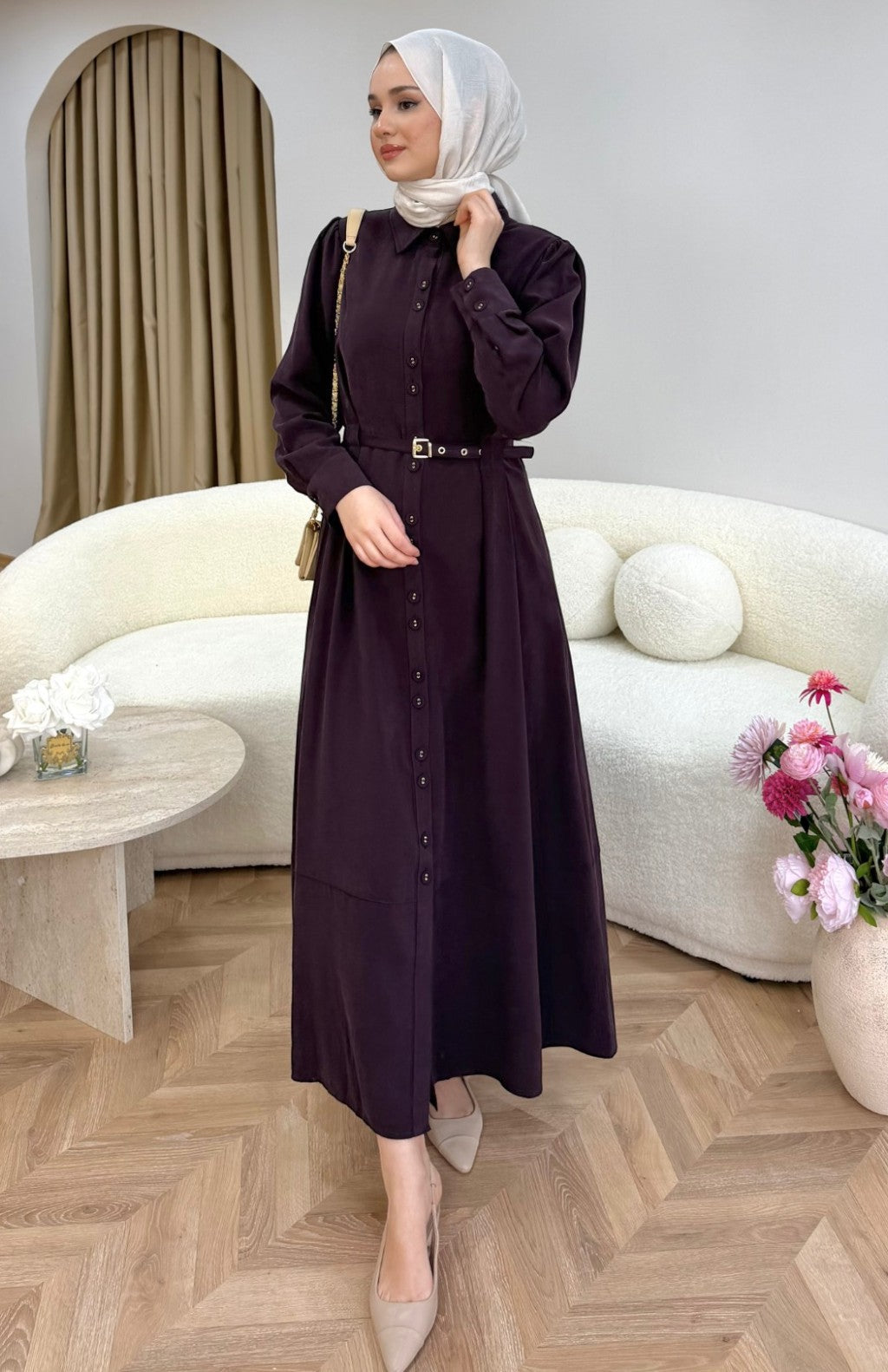 Düğmeli Modal Elbise Bordo