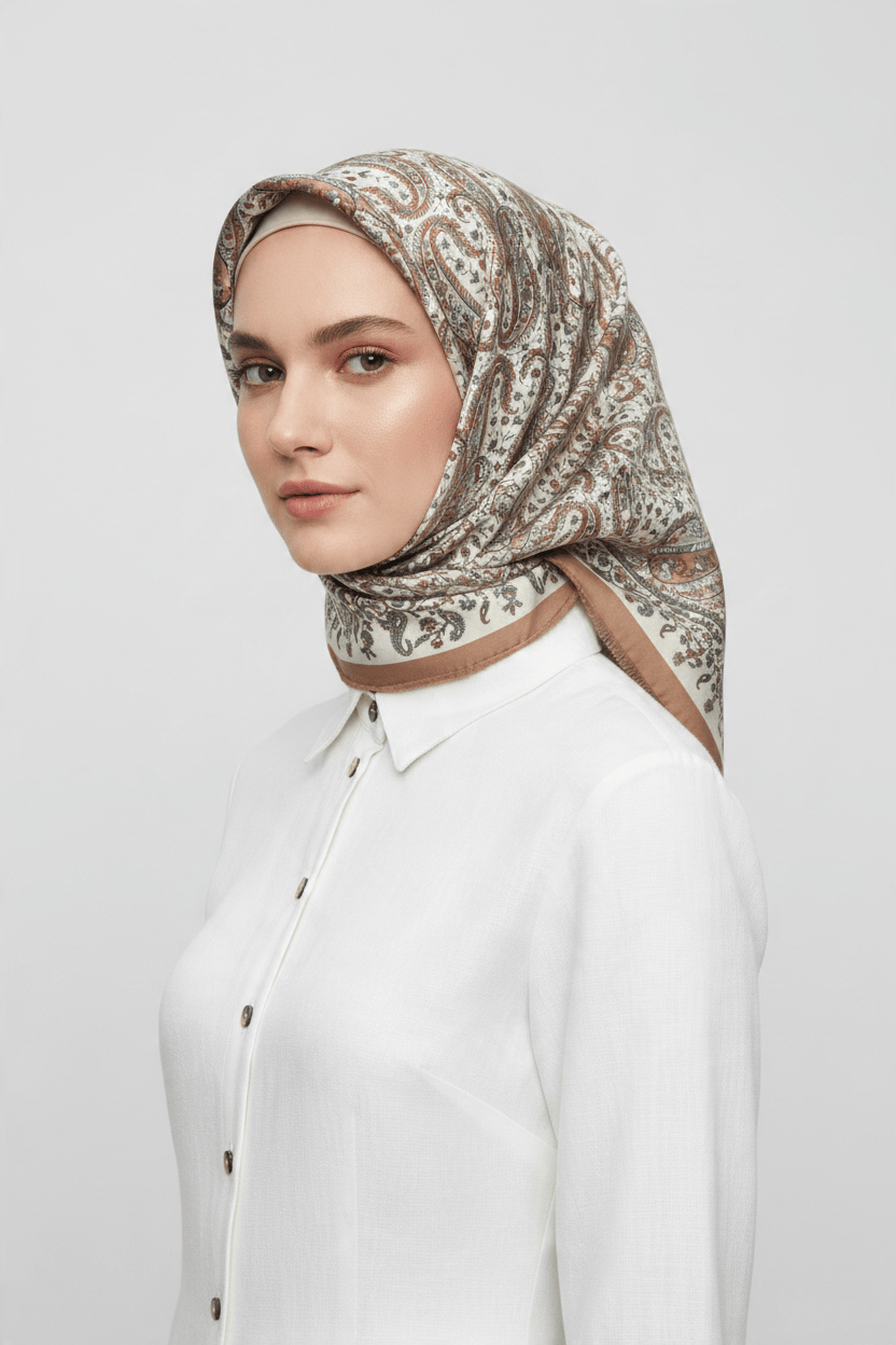 Ebruli 25k Desenli Yün Eşarp Camel