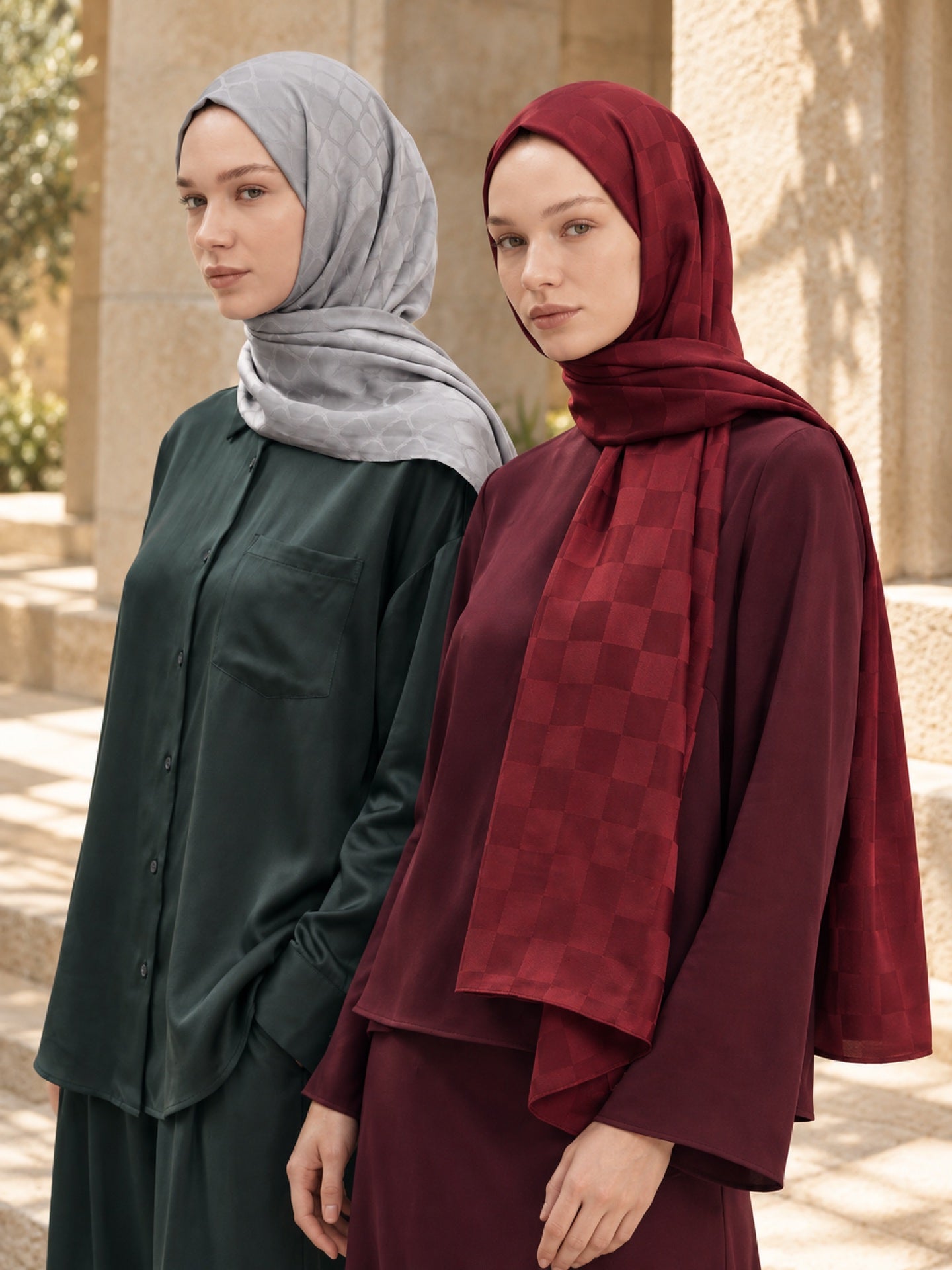 Harem İnci açık gri ve Armanda Dama Jakar bordo şal seçkisi